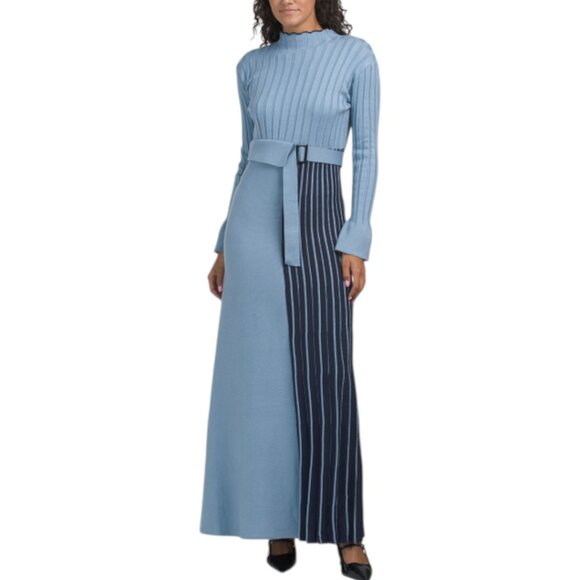 DALIA MACPHEE Blue Long Bell Sleeve Color Block Maxi Sweater Dress NWT - Picture 1 of 2